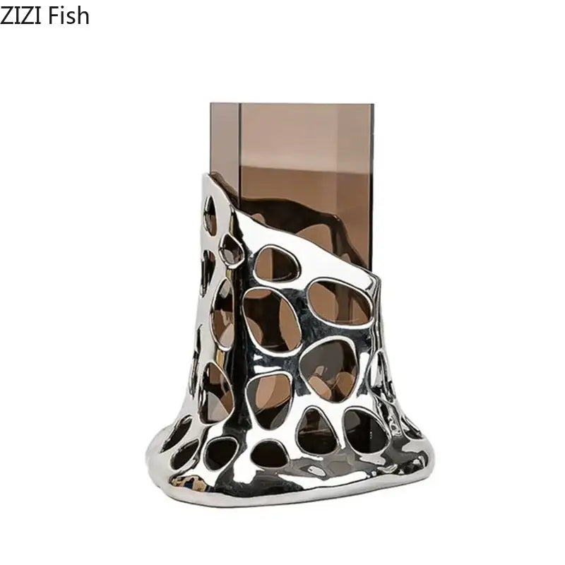 Geometric black & gold plated hollowed vase living room decor