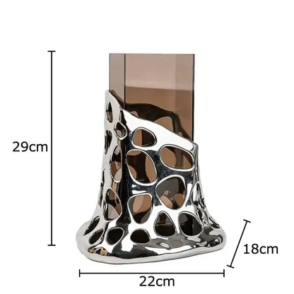 Geometric black & gold plated hollowed vase living room decor