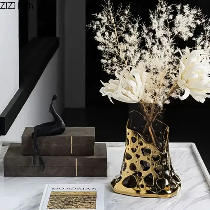 Geometric black & gold plated hollowed vase living room decor