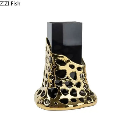Geometric black & gold plated hollowed vase living room decor