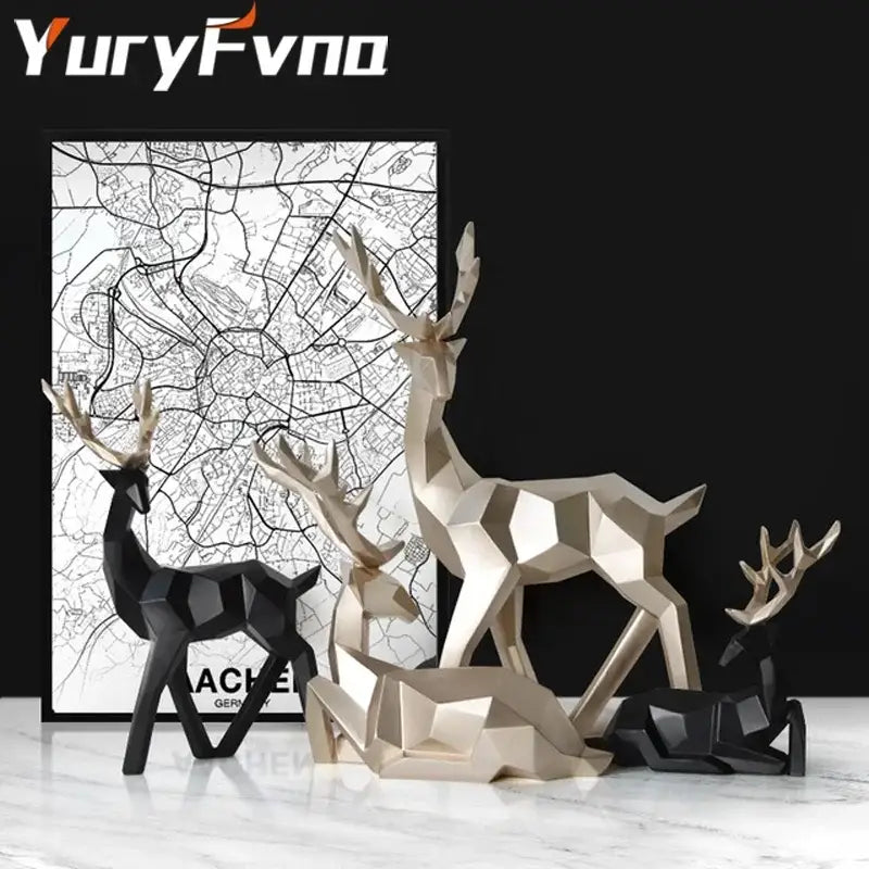 Geometric black & white deer sculpture living room decor with gold antlers