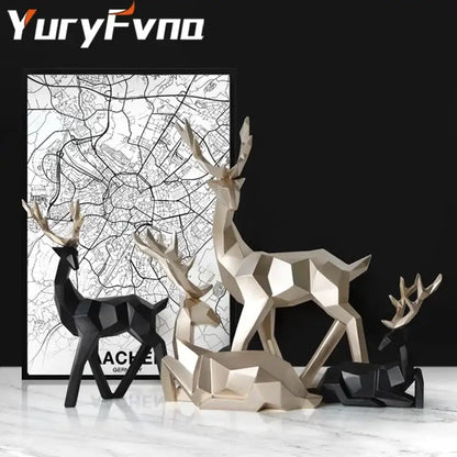 Geometric black & white deer sculpture living room decor with gold antlers
