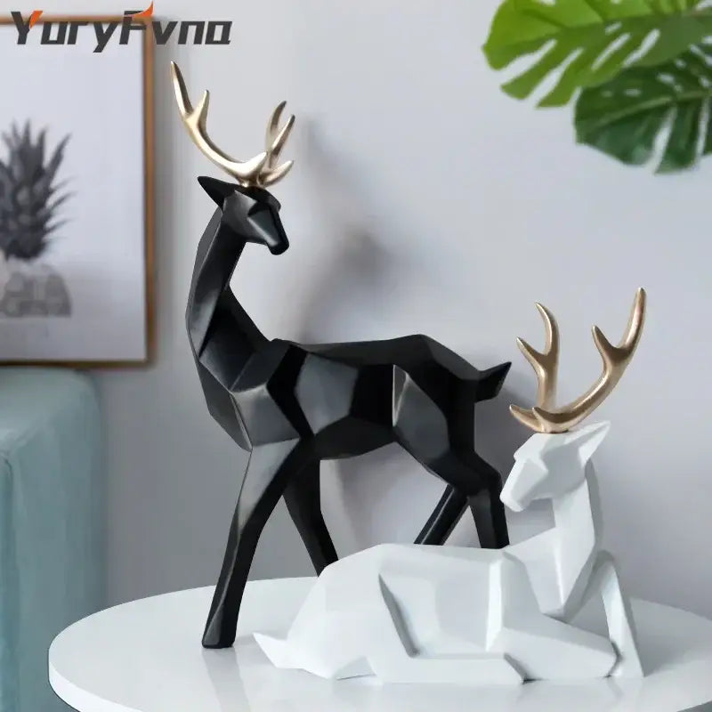 Geometric black & white deer sculpture living room decor with gold antlers