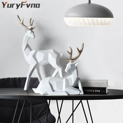 Geometric black & white deer sculpture living room decor with gold antlers