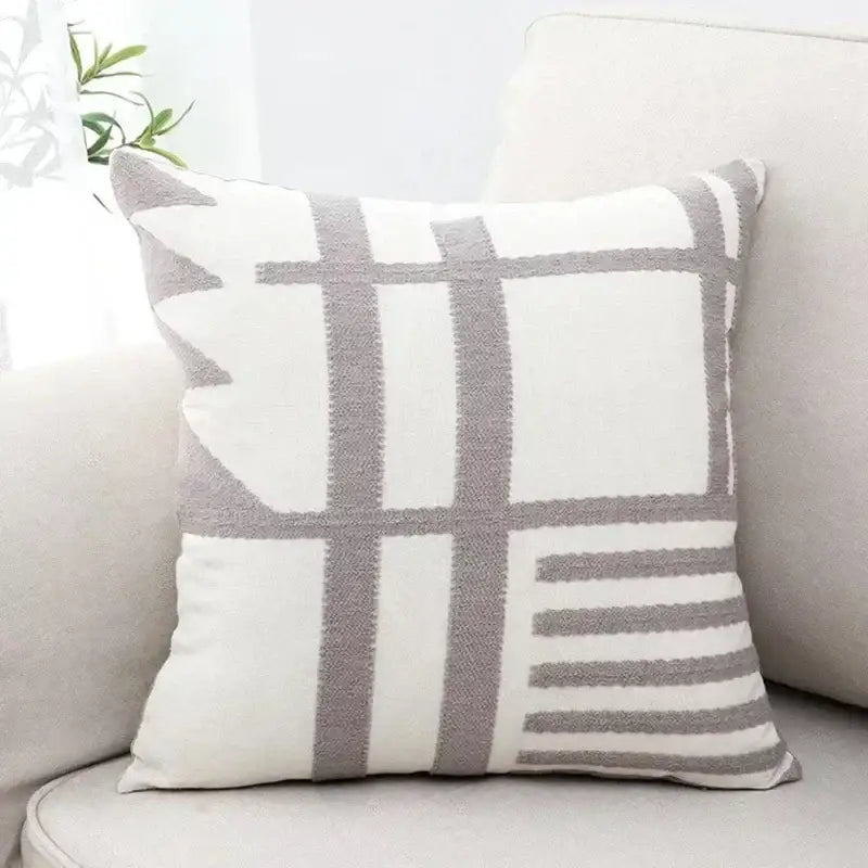 Geometric black & white embroidered burlap cushion cover living room