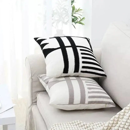 Geometric black & white embroidered burlap cushion cover living room