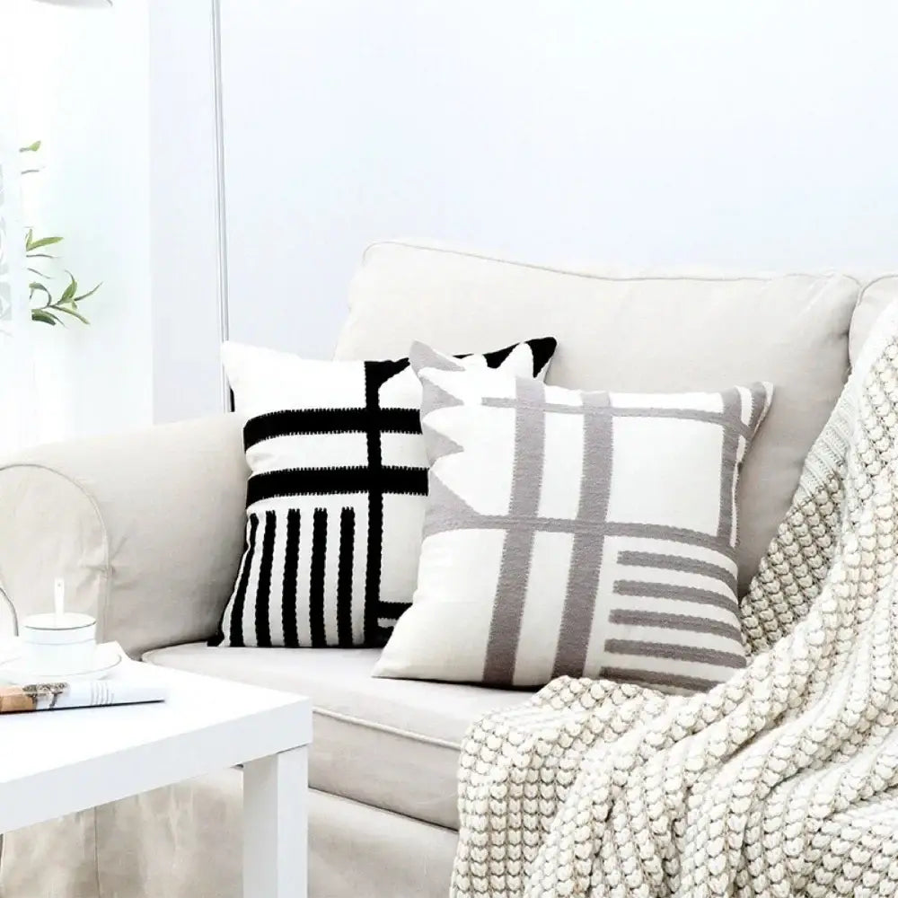 Geometric black & white embroidered burlap cushion cover living room