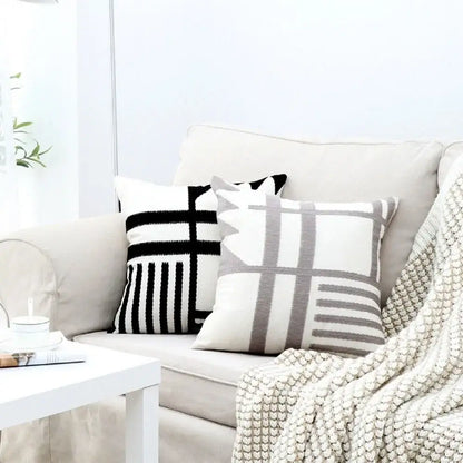 Geometric black & white embroidered burlap cushion cover living room