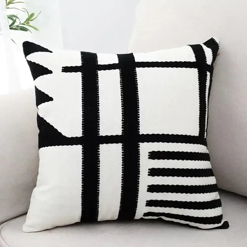 Geometric black & white embroidered burlap cushion cover living room