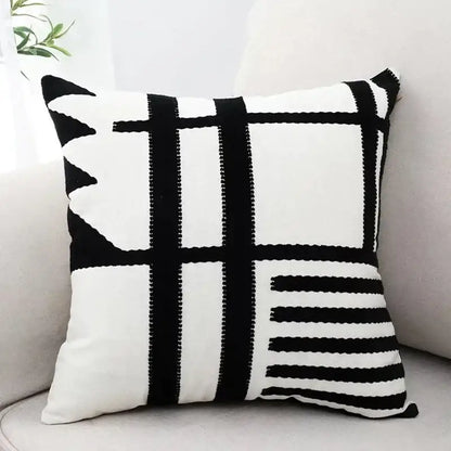Geometric black & white embroidered burlap cushion cover living room
