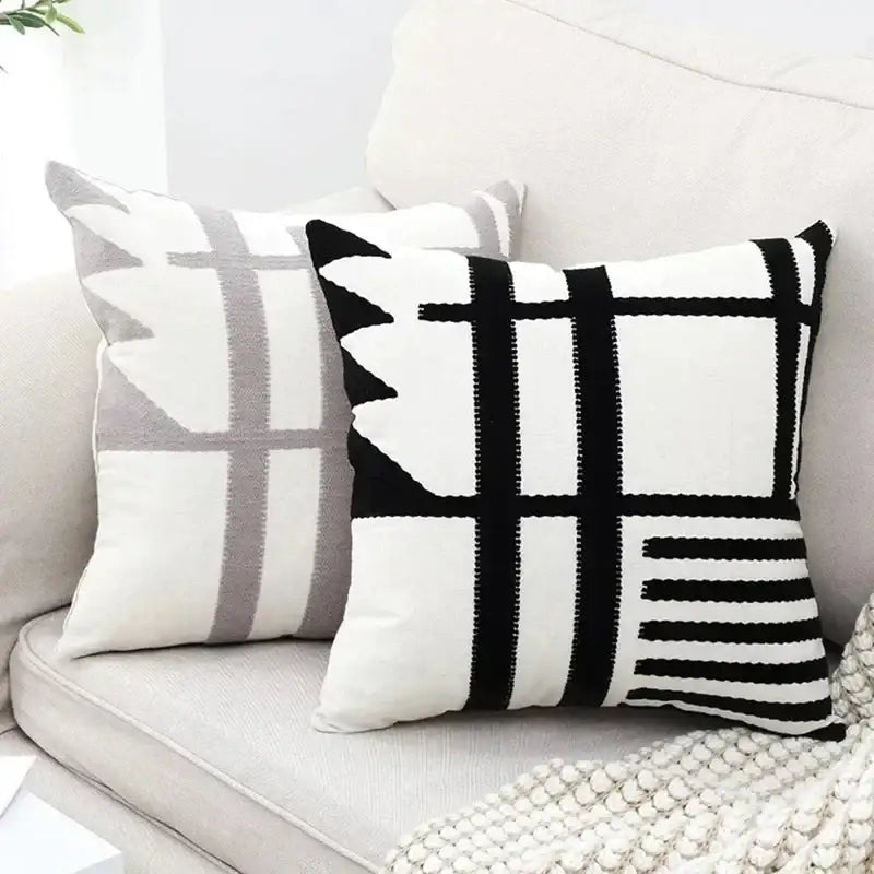 Geometric black & white embroidered burlap cushion cover living room