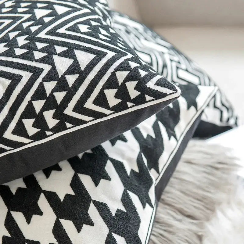 Geometric black & white embroidered cushion cover living room decor