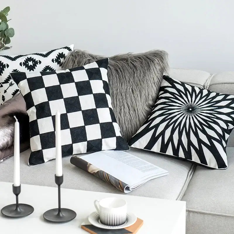 Geometric black & white embroidered cushion cover living room decor