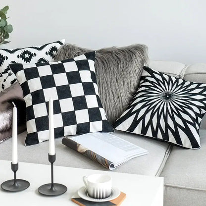 Geometric black & white embroidered cushion cover living room decor