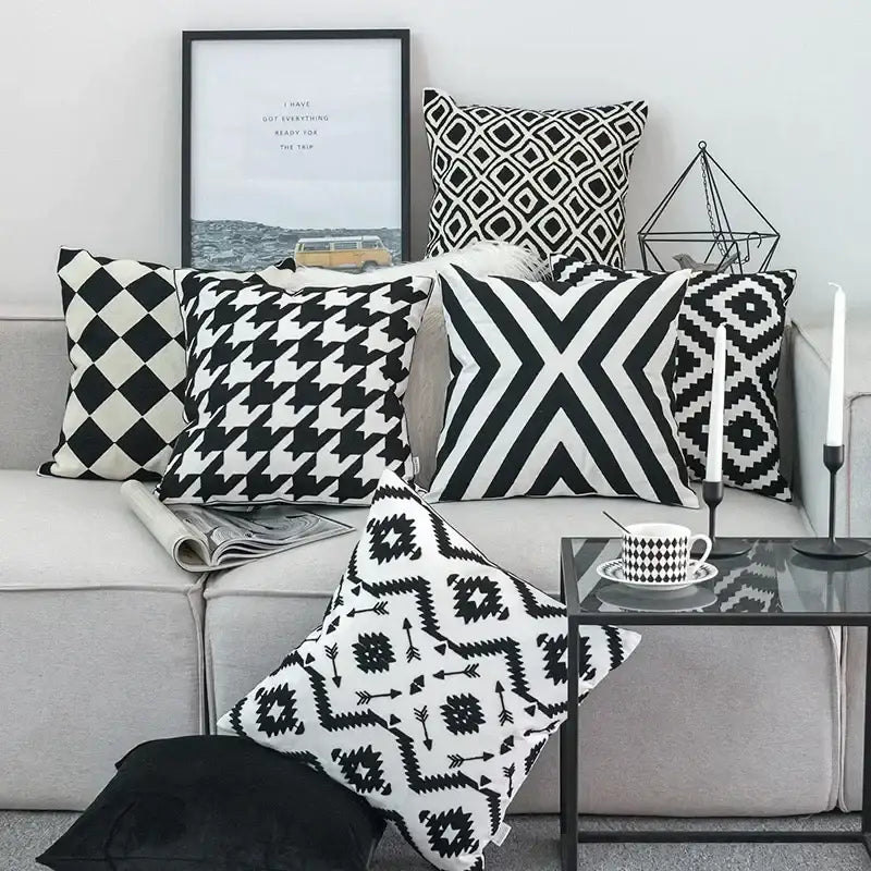 Geometric black & white embroidered cushion cover living room decor