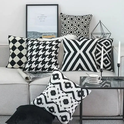 Geometric black & white embroidered cushion cover living room decor