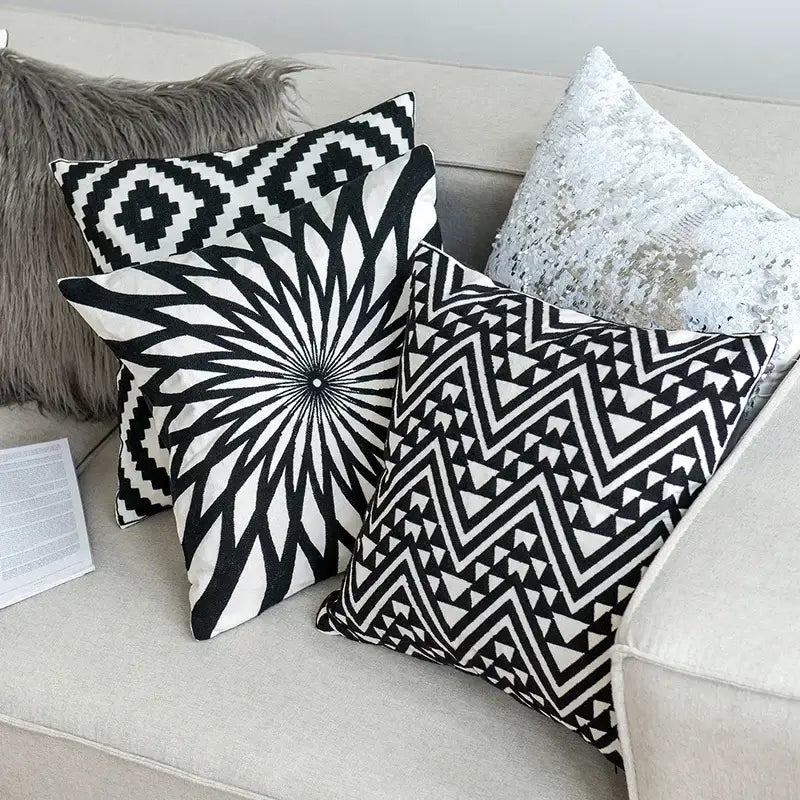 Geometric black & white embroidered cushion cover living room decor