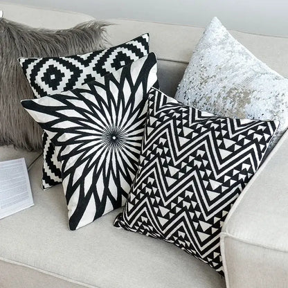 Geometric black & white embroidered cushion cover living room decor