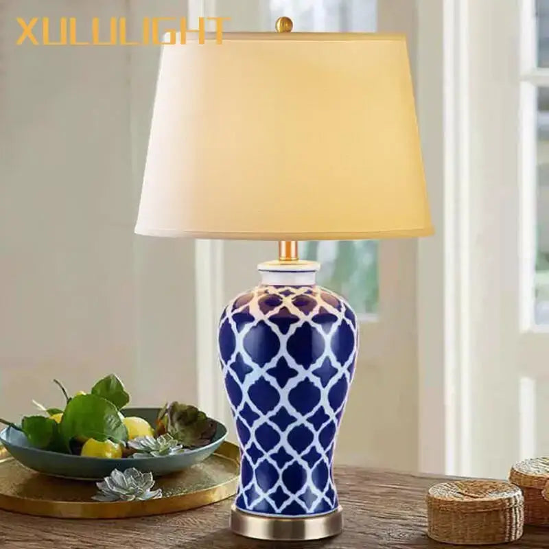Geometric blue ceramic bedside table lamp for bedroom with gold base
