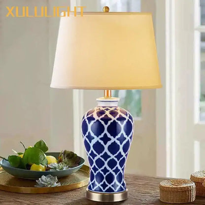 Geometric blue ceramic bedside table lamp for bedroom with gold base
