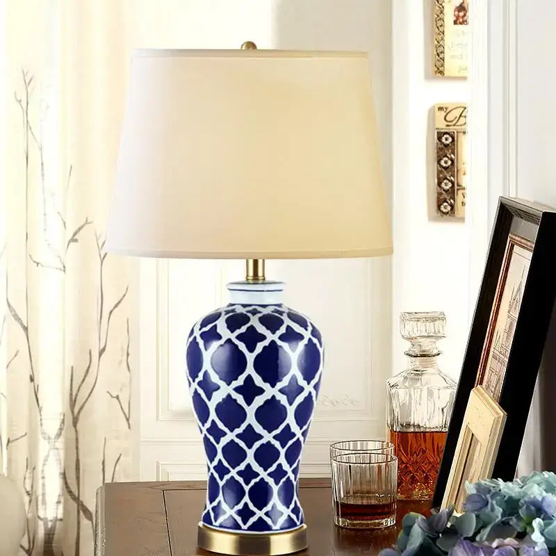Geometric blue ceramic bedside table lamp for bedroom with gold base