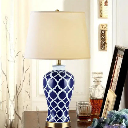Geometric blue ceramic bedside table lamp for bedroom with gold base
