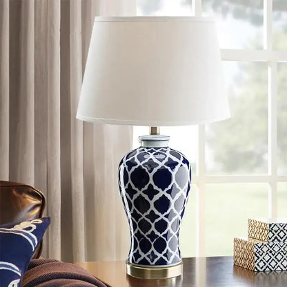 Geometric blue ceramic bedside table lamp for bedroom with gold base