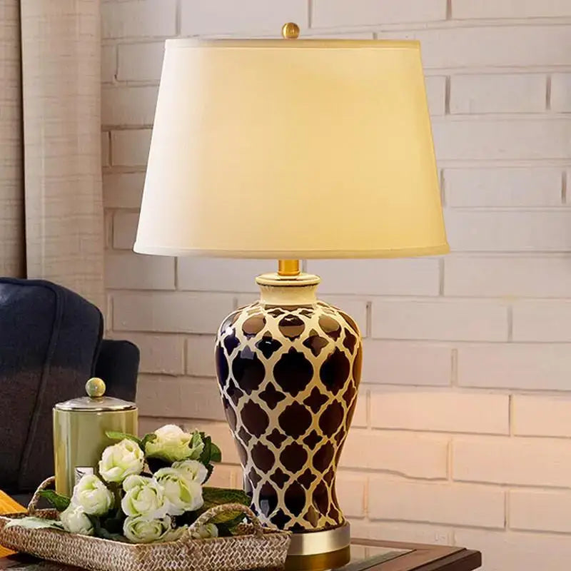 Geometric blue ceramic bedside table lamp for bedroom with gold base