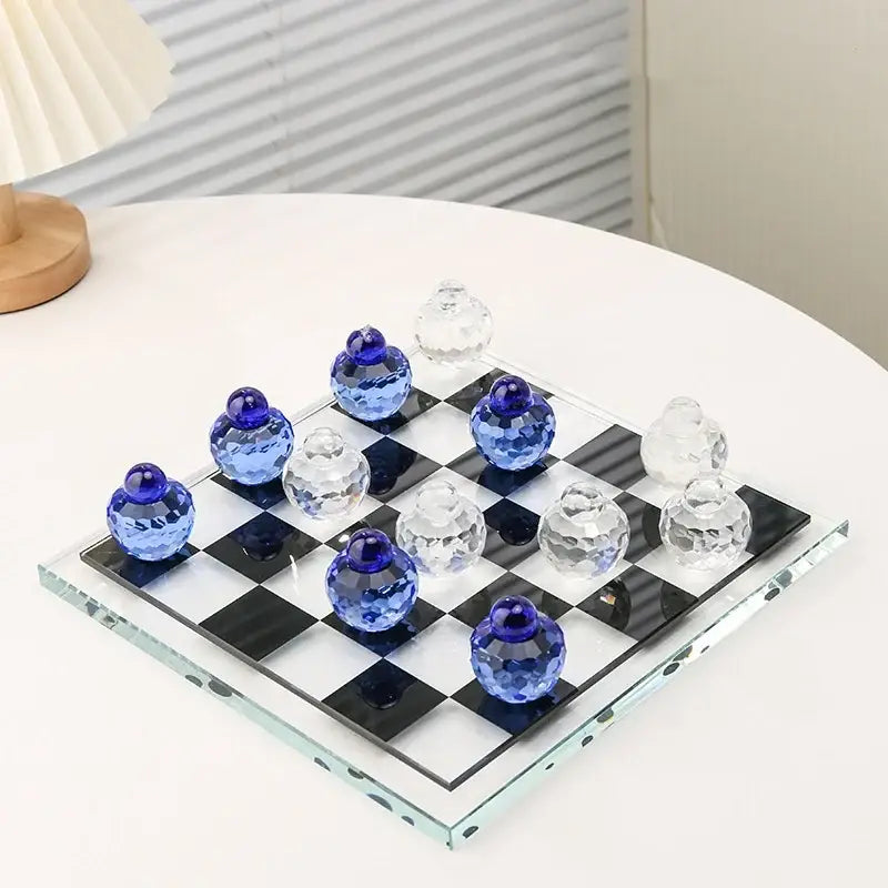Geometric blue & clear glass chess set living room decor