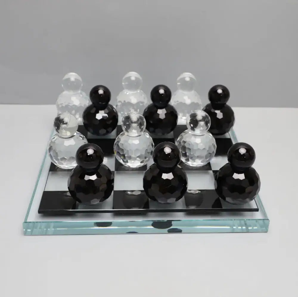 Geometric blue & clear glass chess set living room decor