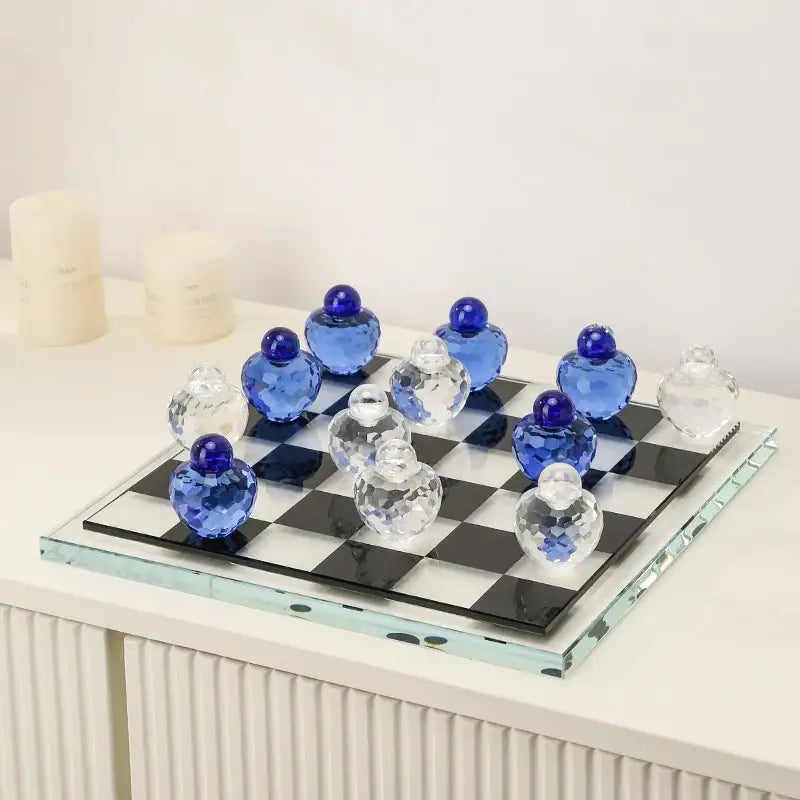 Geometric blue & clear glass chess set living room decor