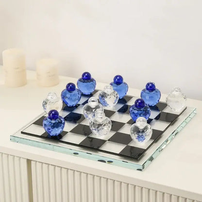 Geometric blue & clear glass chess set living room decor