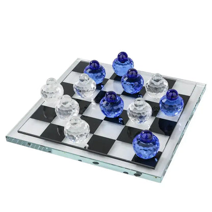 Geometric blue & clear glass chess set living room decor