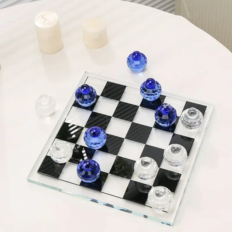 Geometric blue & clear glass chess set living room decor