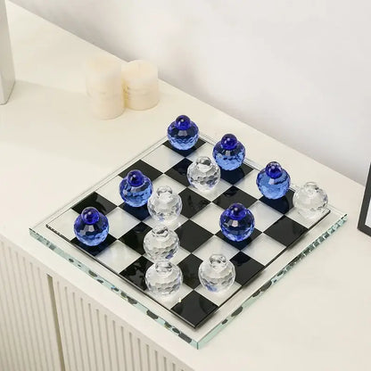 Geometric blue & clear glass chess set living room decor