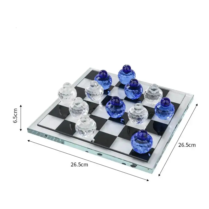 Geometric blue & clear glass chess set living room decor