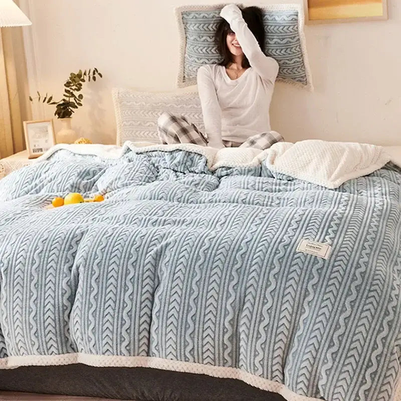 Geometric blue coral fleece flannel blanket bedroom warm quilt