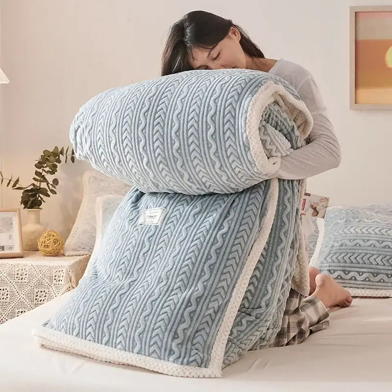 Geometric blue coral fleece flannel blanket bedroom warm quilt