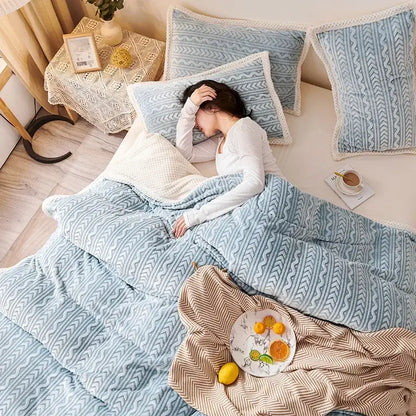 Geometric blue coral fleece flannel blanket bedroom warm quilt