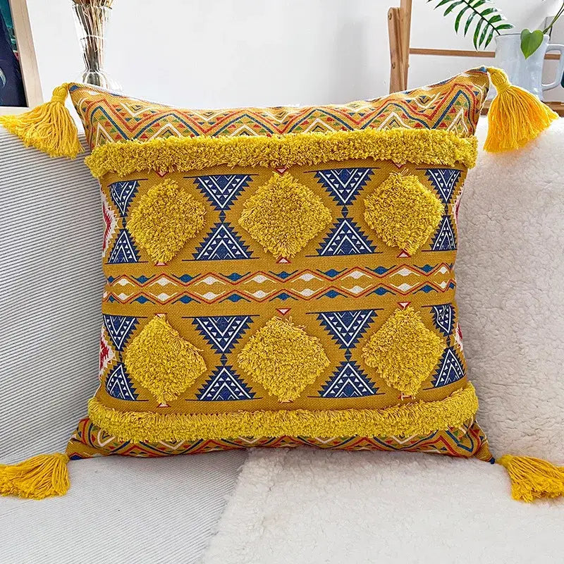 Geometric bohemian pillow case mustard yellow tassels living room