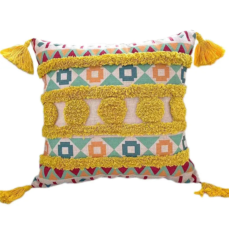 Geometric bohemian pillow case mustard yellow tassels living room