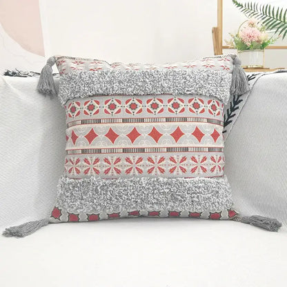 Geometric bohemian pillow case mustard yellow tassels living room