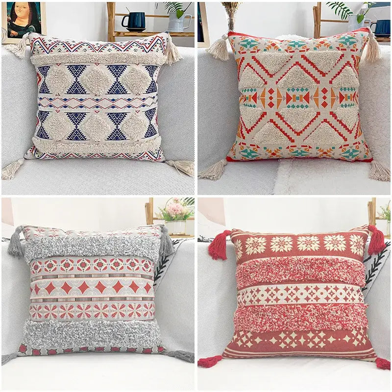 Geometric bohemian pillow case mustard yellow tassels living room