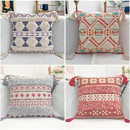 Geometric bohemian pillow case mustard yellow tassels living room