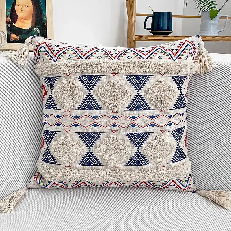 Geometric bohemian pillow case mustard yellow tassels living room