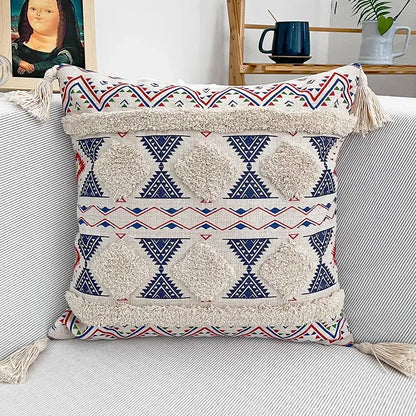 Geometric bohemian pillow case mustard yellow tassels living room