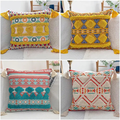 Geometric bohemian pillow case mustard yellow tassels living room