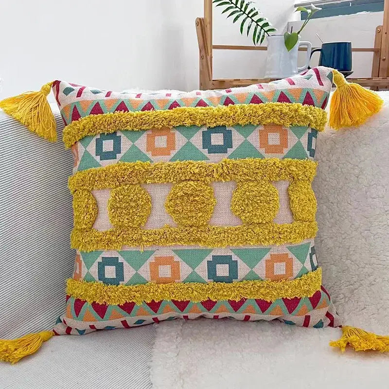 Geometric bohemian pillow case mustard yellow tassels living room