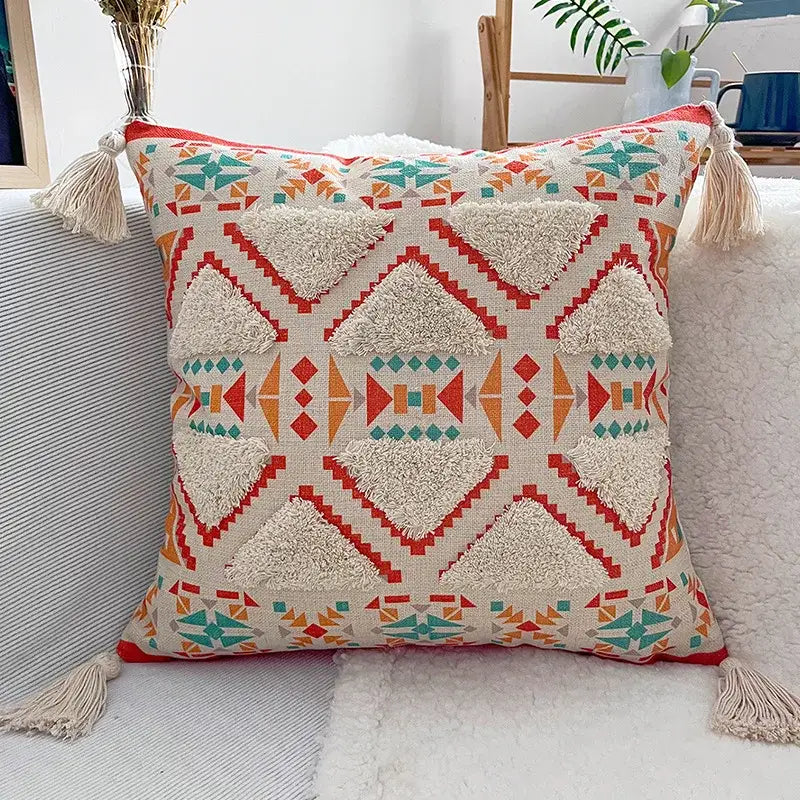 Geometric bohemian pillow case mustard yellow tassels living room