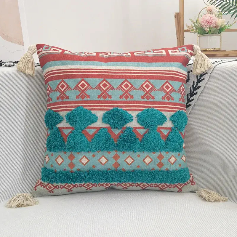 Geometric bohemian pillow case mustard yellow tassels living room
